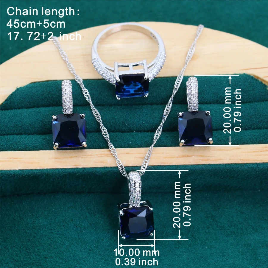 Geometrically Blue Zircon Silver 925 Jewelry Sets Bracelets Earrings Rings Pendant Wedding Necklace For Women Mother Day Gift