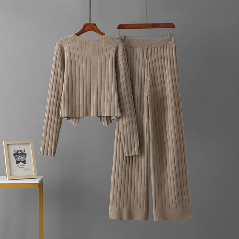 Outono e inverno novo temperamento de viagem duas peças malhas femininas moda magro topo versátil calças retas