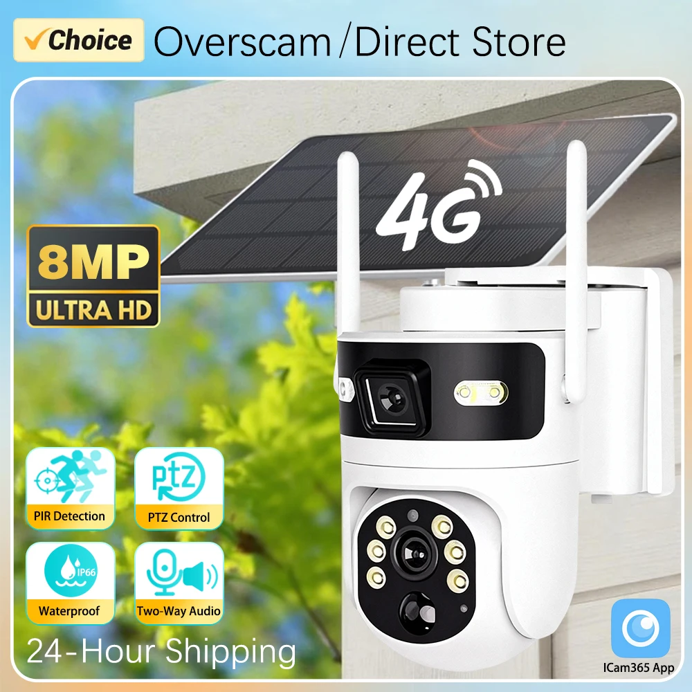 ICam365 Solar PTZ Camera 4G Sim Card Dual Screen Outdoor Solaire CCTV Dual Lens Battery 360° Solar PIR Detection Security Camera