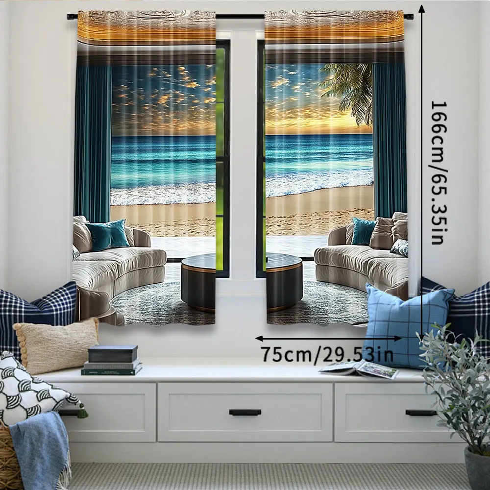 2Pcs Fantasy Scenery Curtain Abstract Seascape Ocean Horizon With Oriental Detailed Room Curtain For Bedroom Living Room And