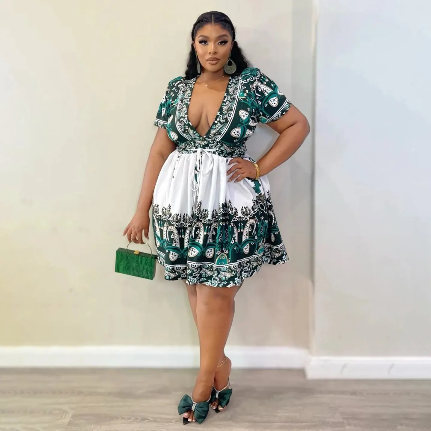 

N8112 Plus Size Women's New Short Sleeve V-neck Tie Positioning Printed Dress Set 2025 Party Summer Elegantes Casual Y2k