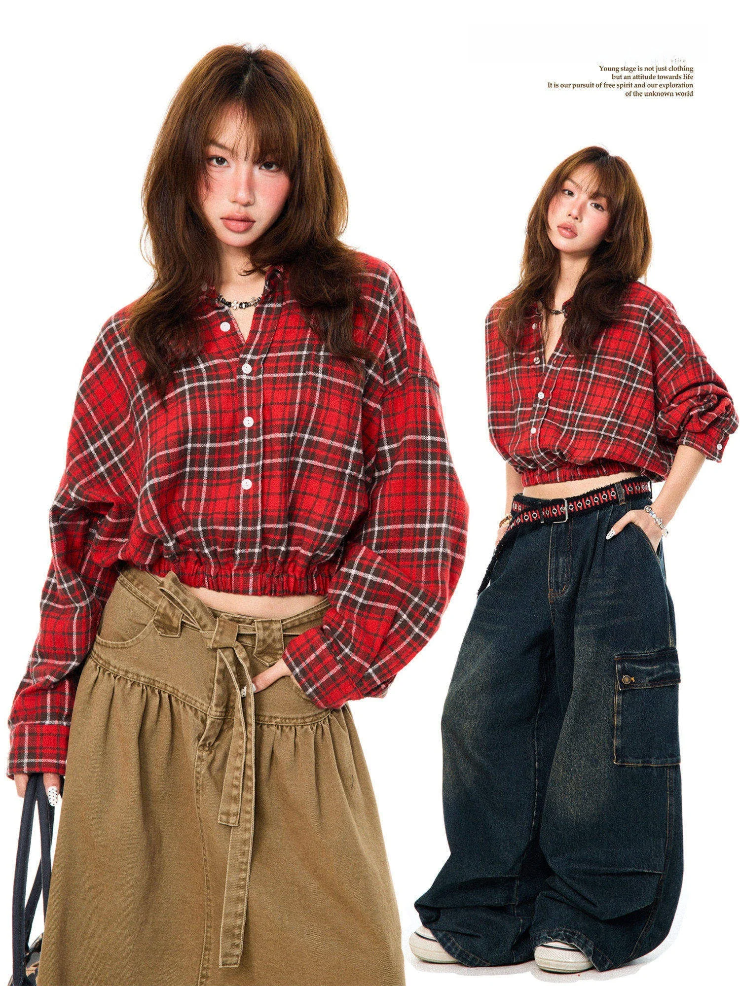 

Young Stage American Retro Plaid Color Block Long Sleeve Shirt Women's Loose Waist Cinched Short Coat Spring Season Cotton