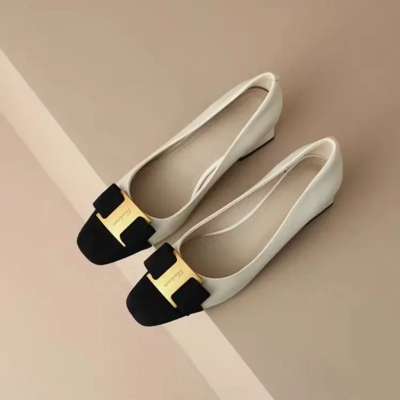 Metal Buckle Bow-knot Flats Summer Round Head Cover Heel Women Shoes Soft Sole Slip On Zapatos Mujer