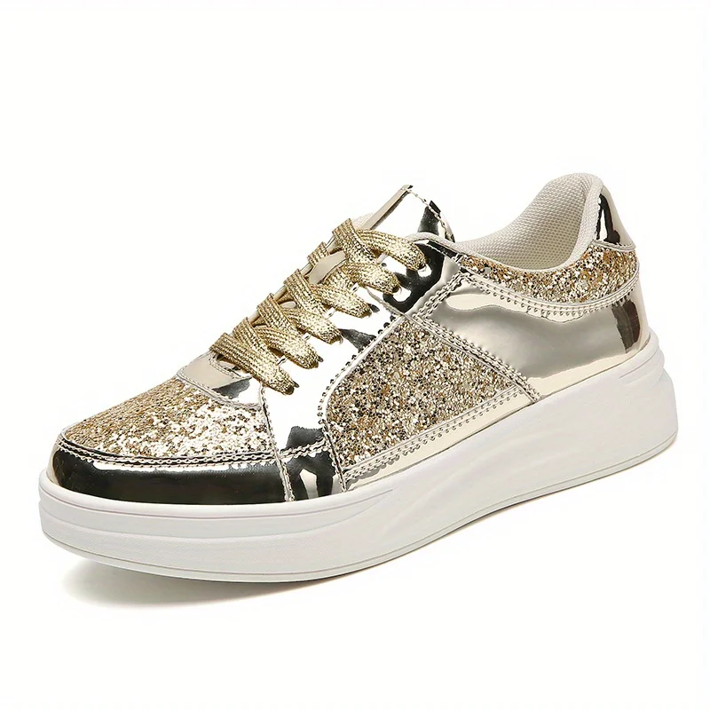 Fashionable glossy silver small white shoes for women\'s daily wear, casual shoes for students, and high rise board shoes