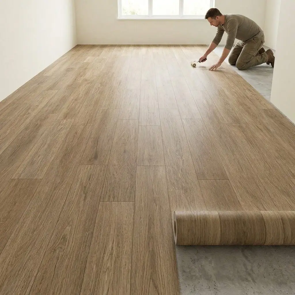 Thickened Faux Wood Grain Self-Adhesive Vinyl Floor Sticker Peel and Stick PVC Flooring for Kitchen Bedroom