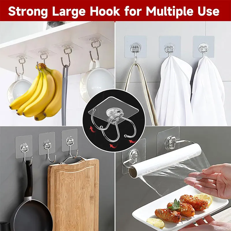 Large Clear Adhesive Hooks for Hanging, Stick on Wall Mount Hooks Stainless Steel Metal Hook for Bathroom, Shower, Kitchen, Door