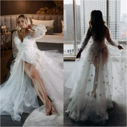 Butterfly Pearls Wedding Robe Maxi Bride Bathrobe Customized Lingerie Women Gowns Tulle Robe Long Sleeve Dress For Babyshower