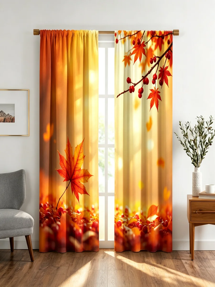 2PCS Digital Print Curtains, Autumn Maple Leaves Fall Foliage, Golden Red Berry Rod Pocket Drapes for Bedroom Living Room