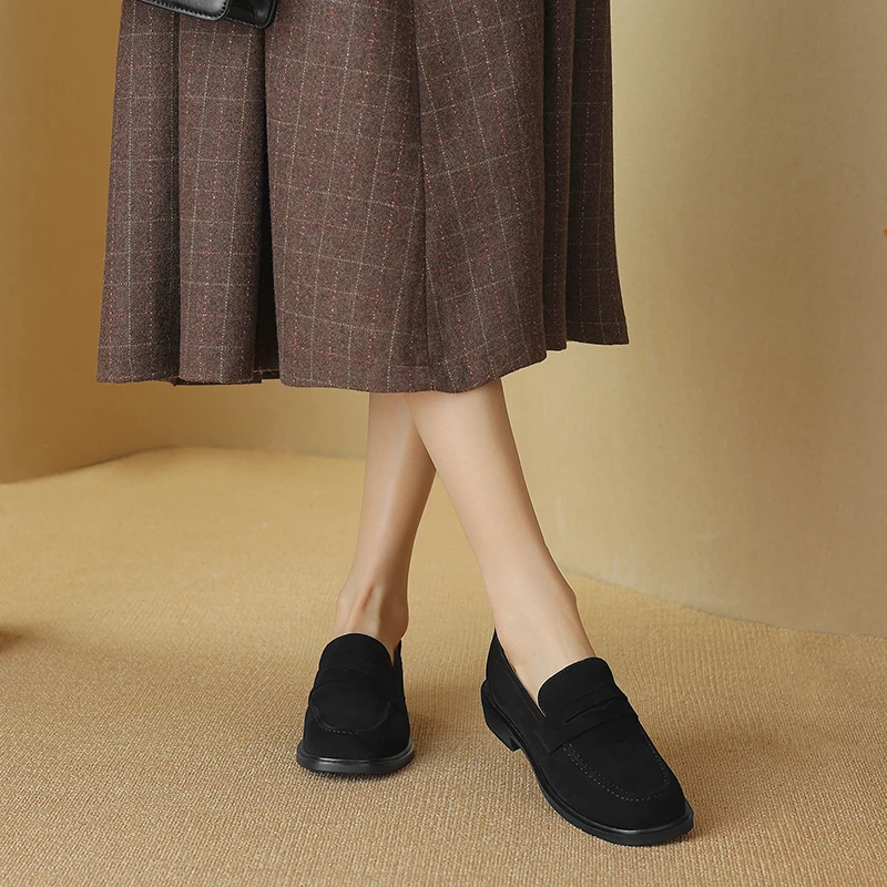 2024 Flats Shoes Size 34-40 Women Suede Real Leather Loafers Casual SpringLow Heels Vintage Office Lady Daily Dress