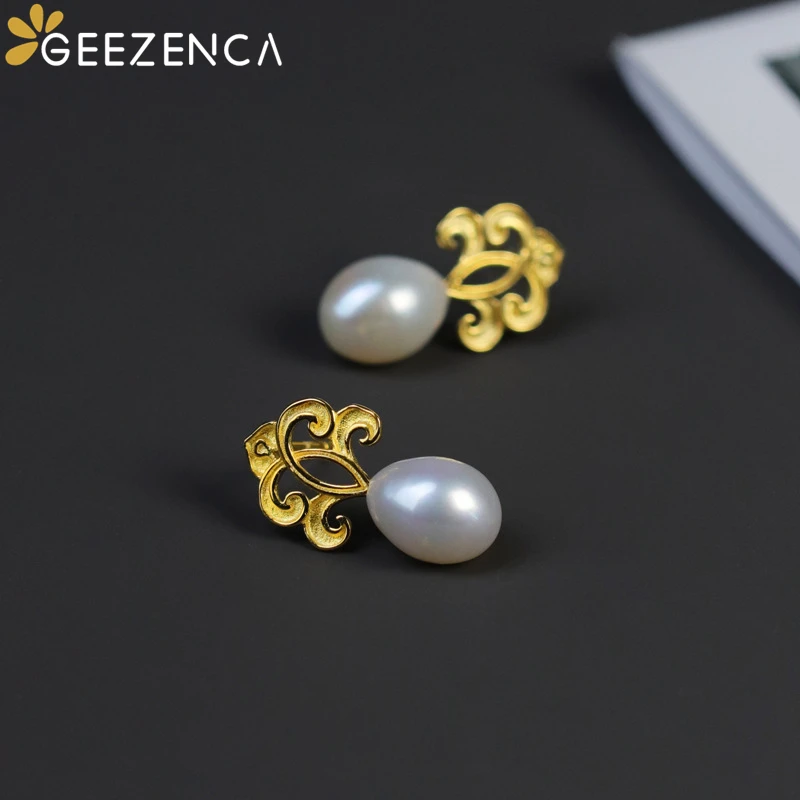 GEEZENCA 925 Silver Natural Pearl Water Drop Earrings For Women Original Design Fountain French Chic Small Earring 2023 New Gift