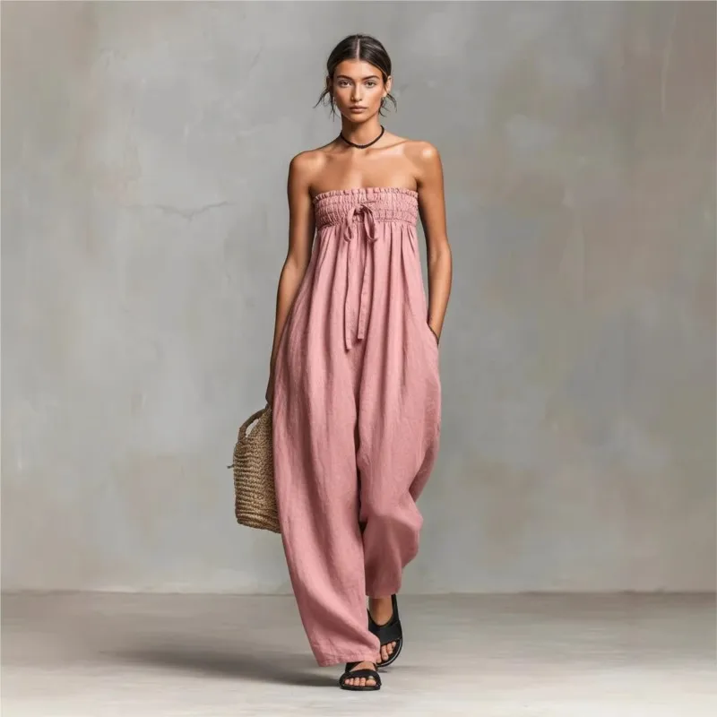 Fashion Sexy Off Shoulder Backless Jumpsuit Woman Ruched Tie Strapless Hollow Romper Summer Sleeveless Casual Beach Overalls
