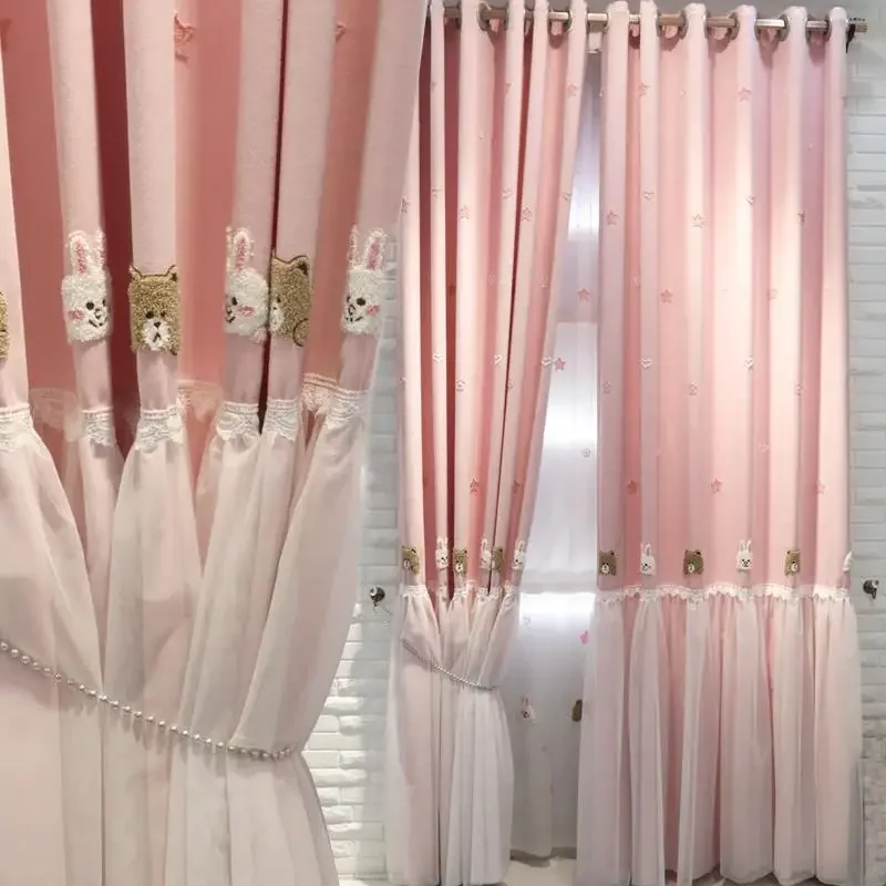 

Cute Pink Cartoon Curtains for Living Room Children's Bedroom Double-layer Girl's Lace Tulle Blackout Korean Princess Custom