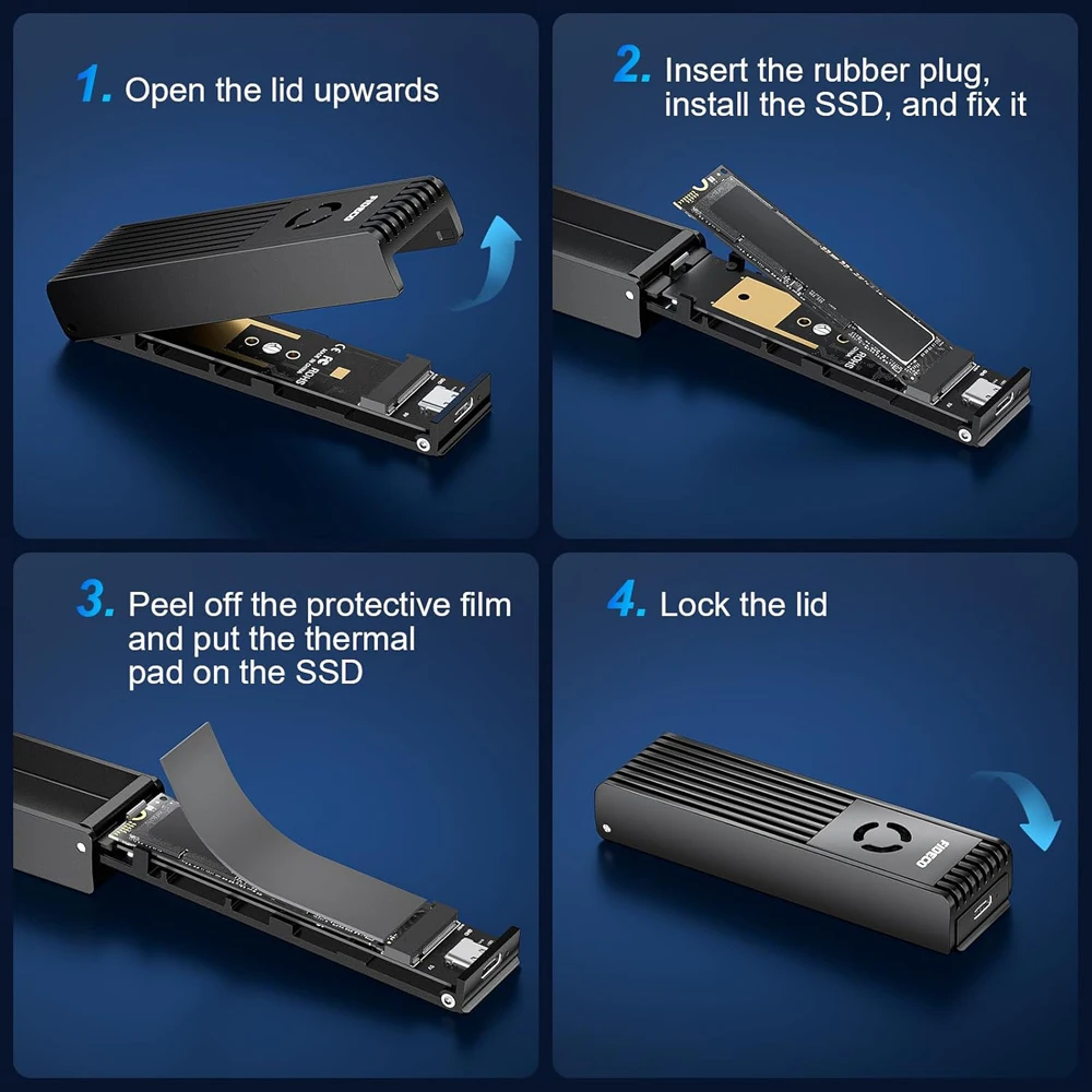 FIDECO Portable M.2 NVMe SATA SSD Enclosure M2 NVMe to USB Adapter with Cooling Fan Support UASP and Trim Tool-Free Installation