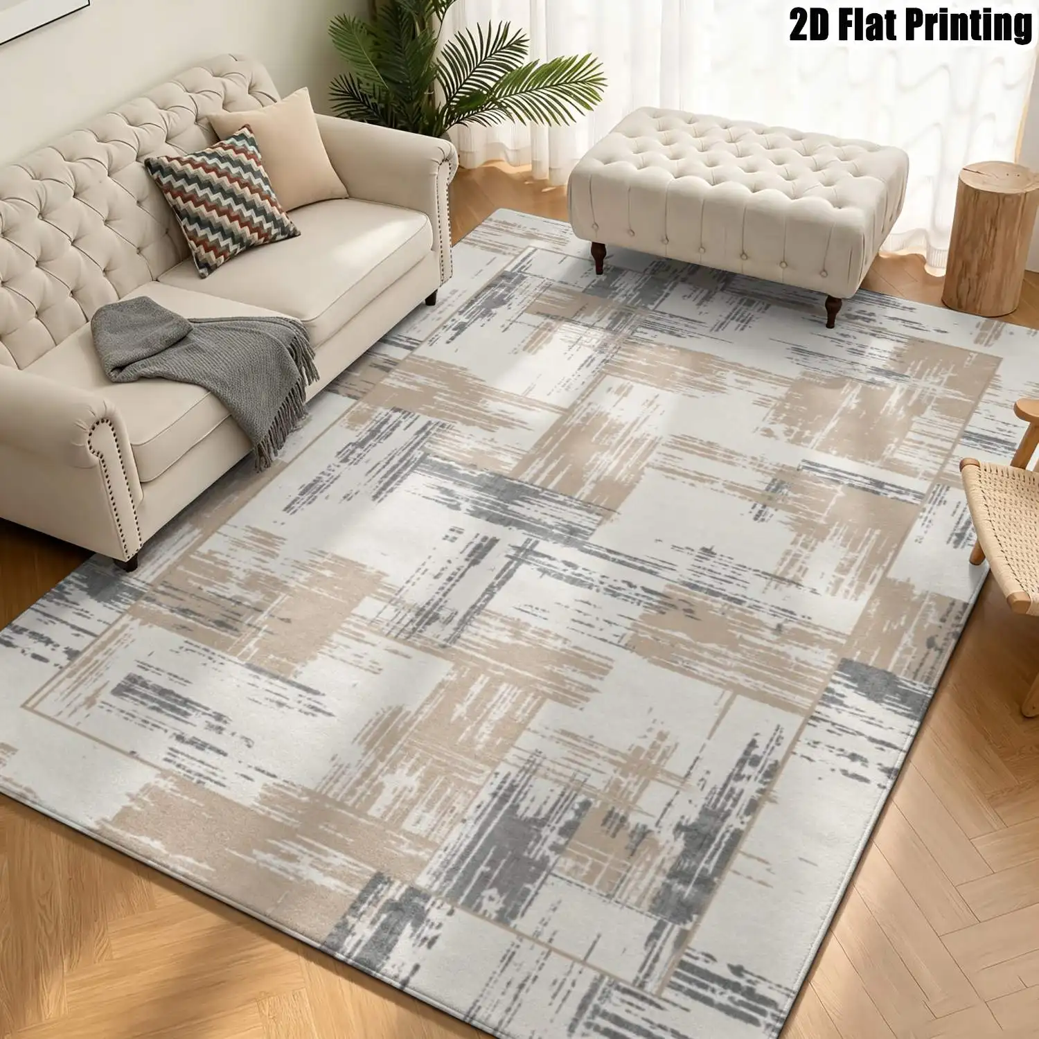 1Pc 2D Printed Beige Geometric Abstract Nordic/Instagram Style Modern Minimalist Vintage Carpet, Home Decor, Multi-Size, Machine Washable, for Entrance/Dining/Foyer/Living Room/Bedroom