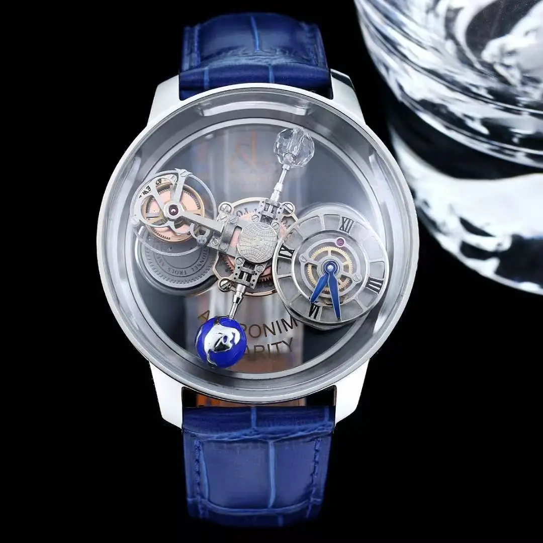 Luxuriöse Astronomische Tourbillon-Uhr, 3D Himmelskörper Rotierendes Zifferblatt Skelett-Quarz-Armbanduhr mit Blauem Lederarmband für Herren