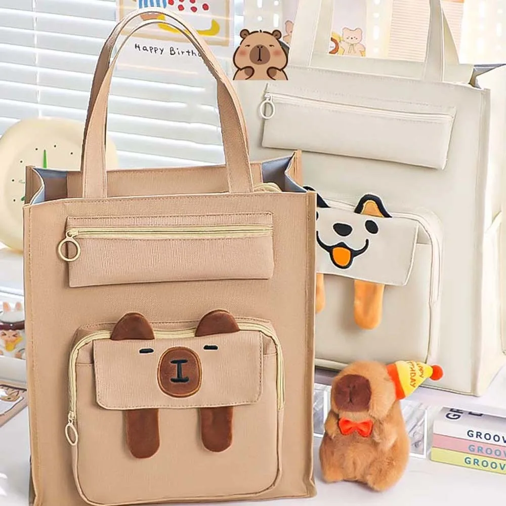 Large Capacity Capybara Canvas Bag Shopping Canvas Handbag Dog Shoulder Bag Black Cat Cartoon Student Tote Bag Boys Girls