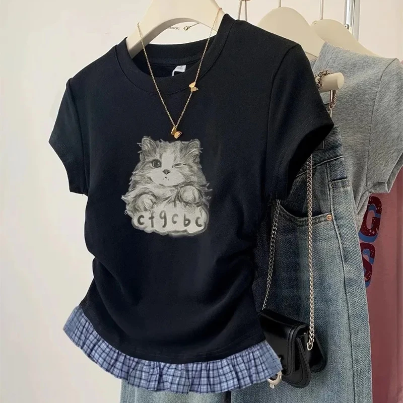 Cute Cat Printed Women Short Sleeve T-Shirt Stylish Plaid Spliced Cropped Tops Fashion Side Shirring Waist Tight Slimming Tees view 5