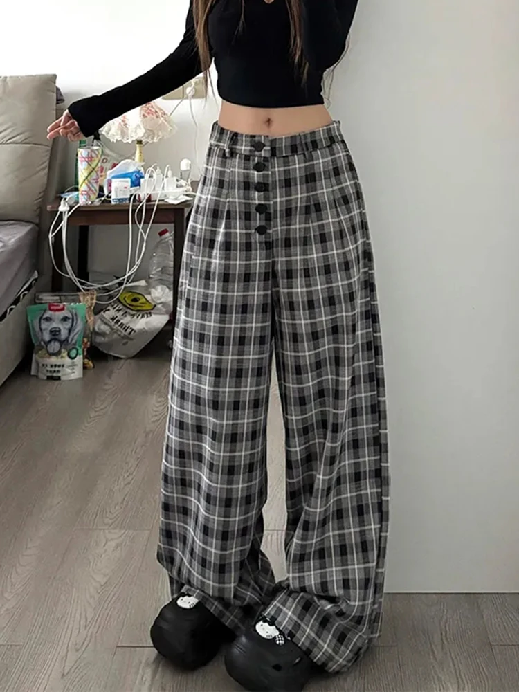 

Jmprs Vintage Korean Plaid Pants Women High Waist Loose Buttons Trousers Casual Retro Female Spring Harajuku Y2K Wide Leg Pants