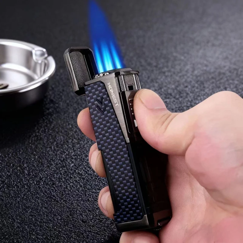 HONEST Metal Four Jet Flame Butane Gas Lighter Creative Transparent Gas Window Cigar Drag Cigar Knife Portable Cigar Lighters