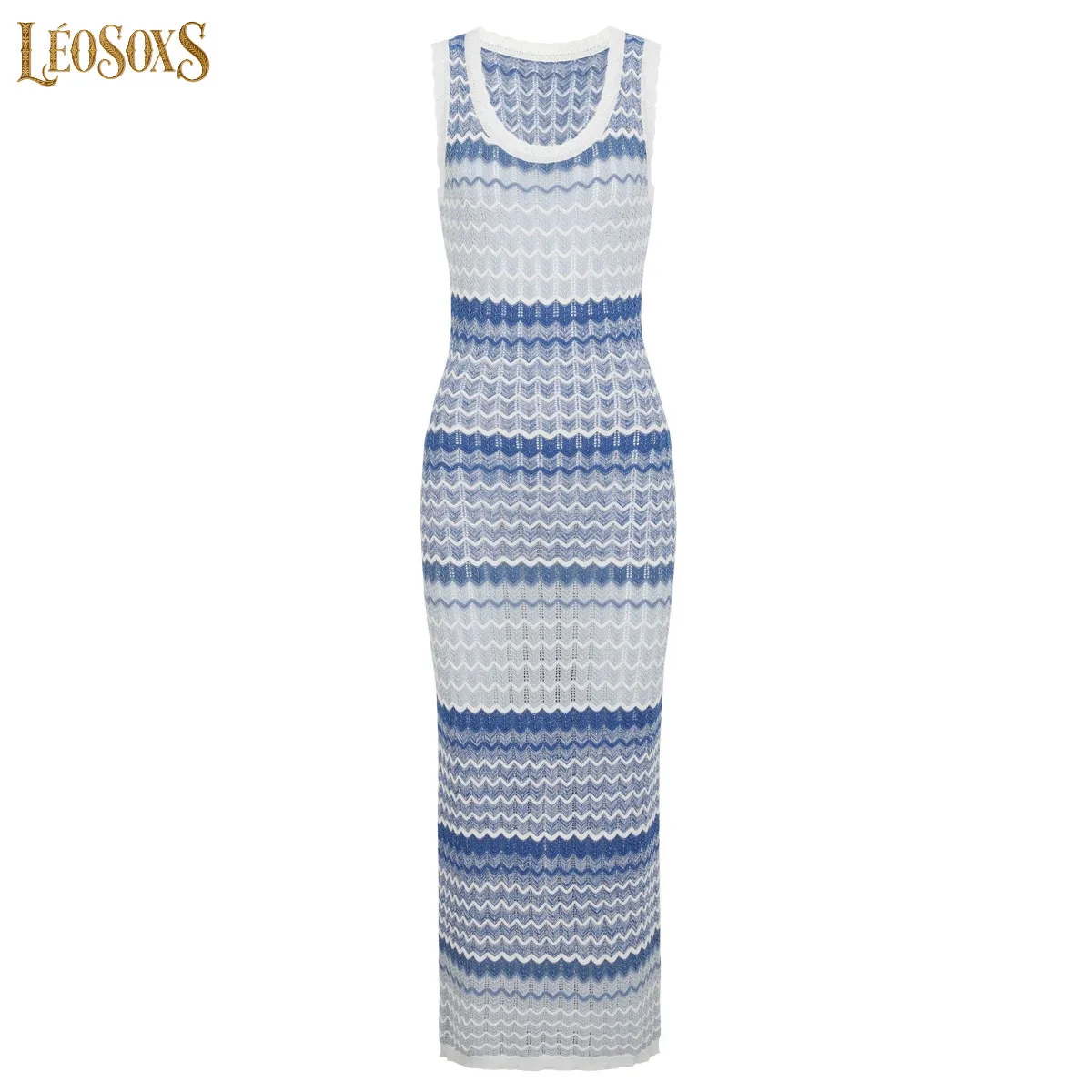 LEOSOXS Women Summer Sleeveless Gradient Wave Knit Dress Flattering Fit Commuter Style Versatile Daily Ladies Outfit