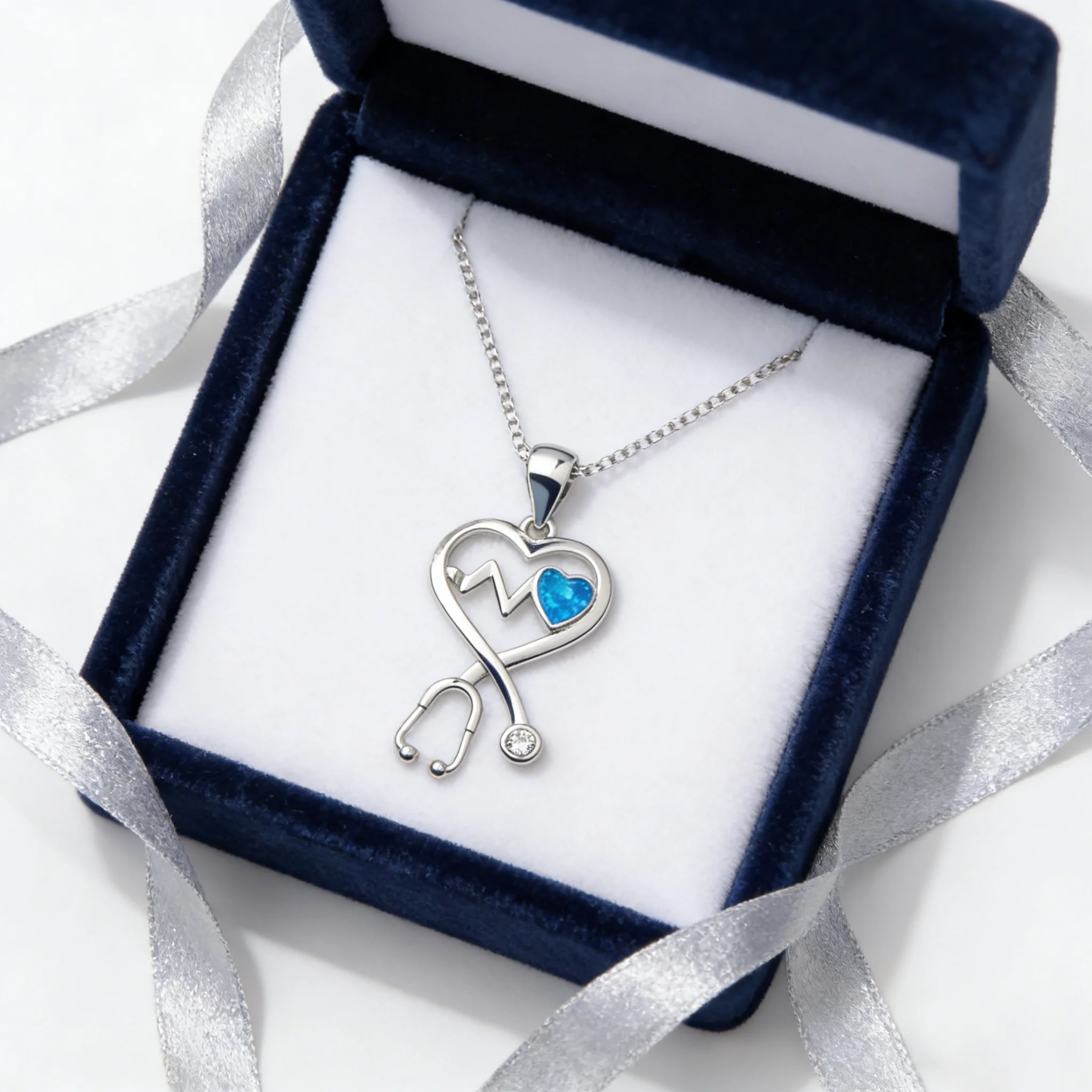 Medical Jewelry for Women,Heart Stethoscope Necklace with Blue Opal,Silver Plated Appreciation Gift, Nurse Graduation Present - view 6