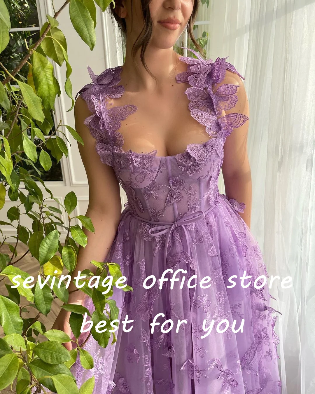 Sevintage Lavender Butterfly Lace Appliques Prom Dresses Sweetheart Sleeveless Tea-Length A-Line Evening Gowns Party Dress 2023