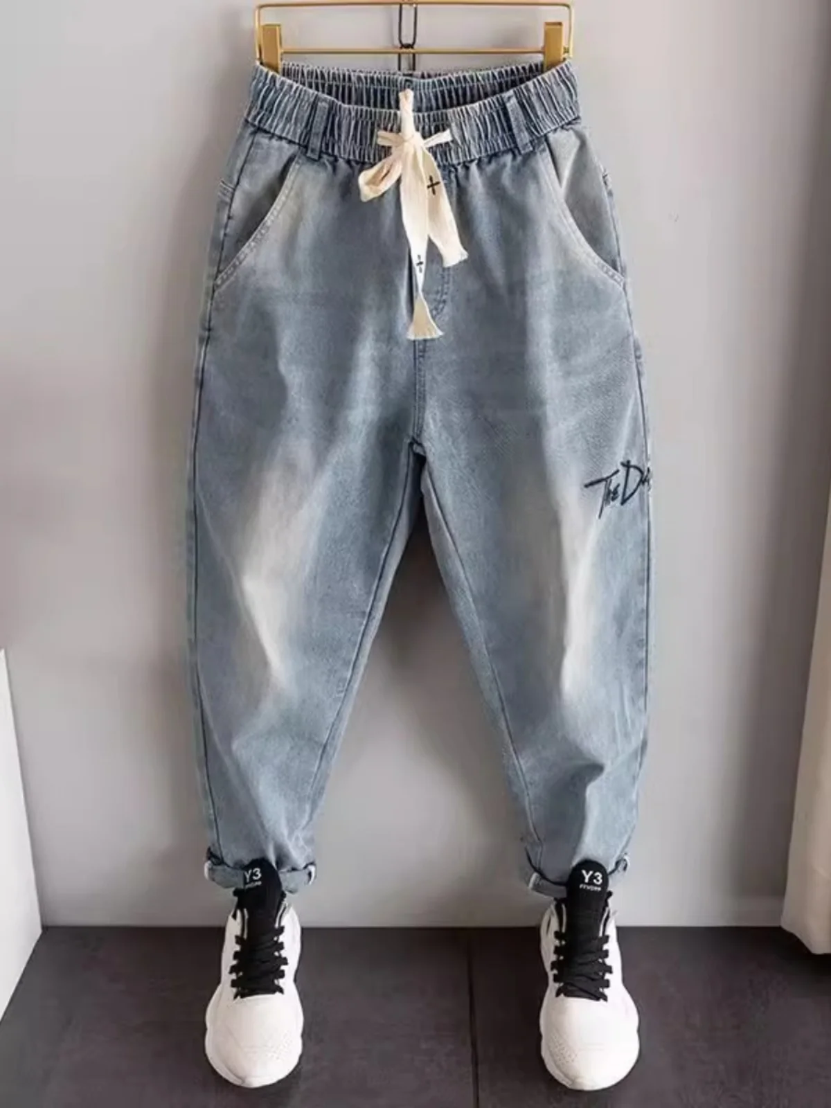 

Spring Summer Men's Loose Fit Harlan Jeans Thin Waed Embroidered Nine Points Wide Leg Pants Youth Trendy Casual Trousers
