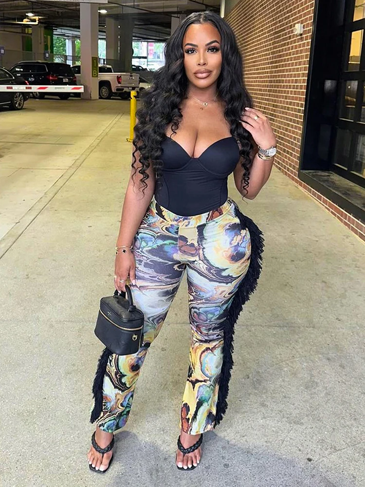 Nibber Kleurrijke Art Print Kant Kwastje Flare Broek Vrouwen Patchwork Herfst Trend Sexy Wilde Slanke Straat Skinny Clubwear Broek