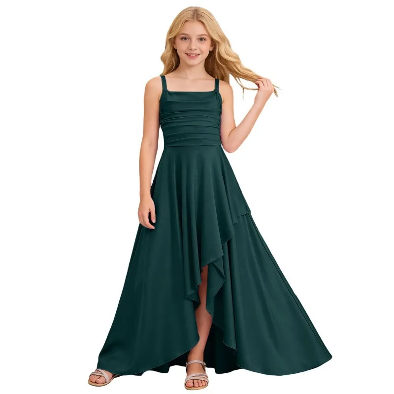 Girls Spaghetti Strap Party Dress Ruched Bodice Waist Cinched Irregular Tiered Ruffle Hem Kids Formal Wedding Evening Gown