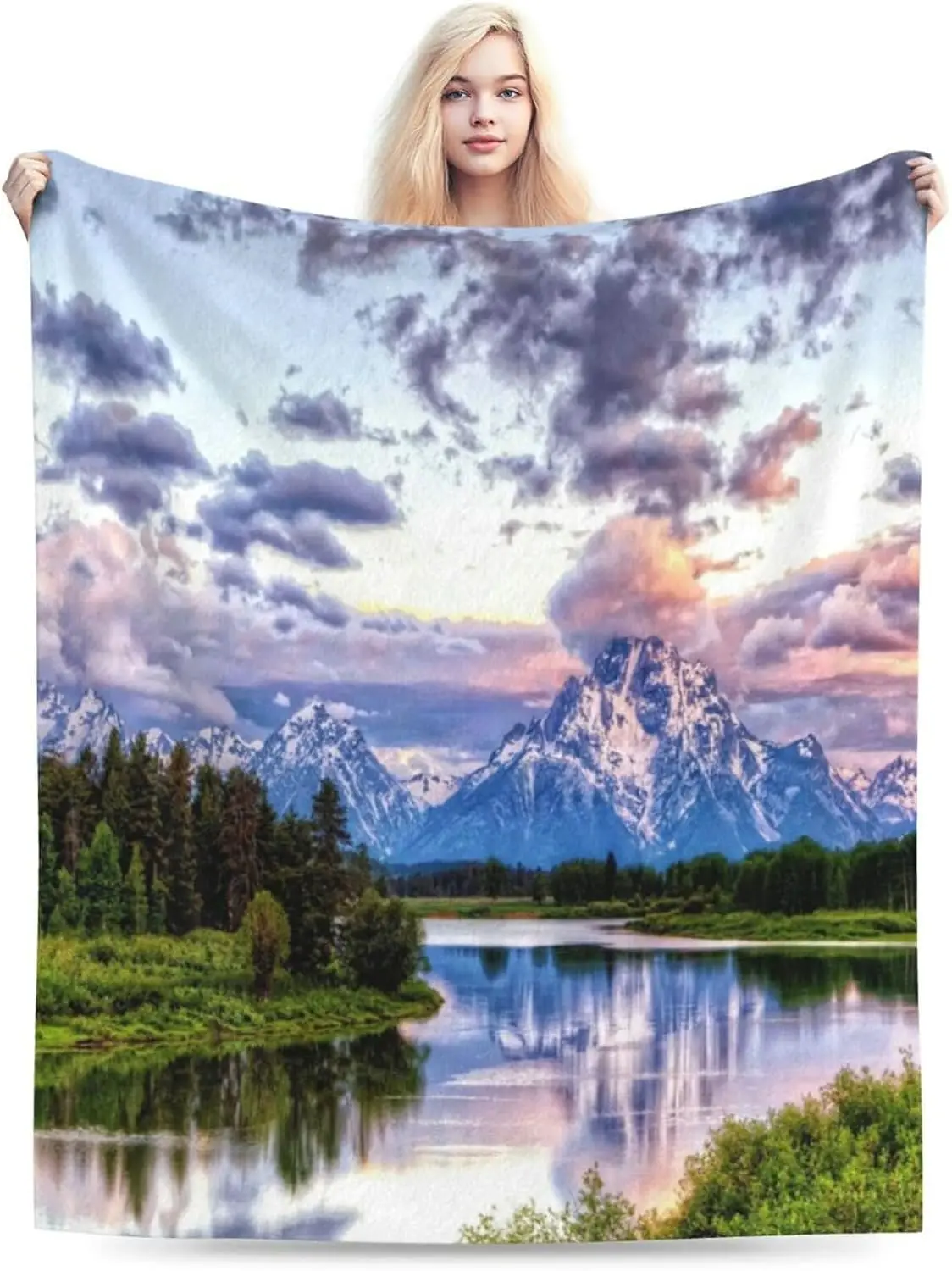 Snow Peak Lake Reflection Pine Forest Sunset Cloud Flannel Throw Blanket Soft Warm Cover for Sofa Bed Nature Bedroom Decor