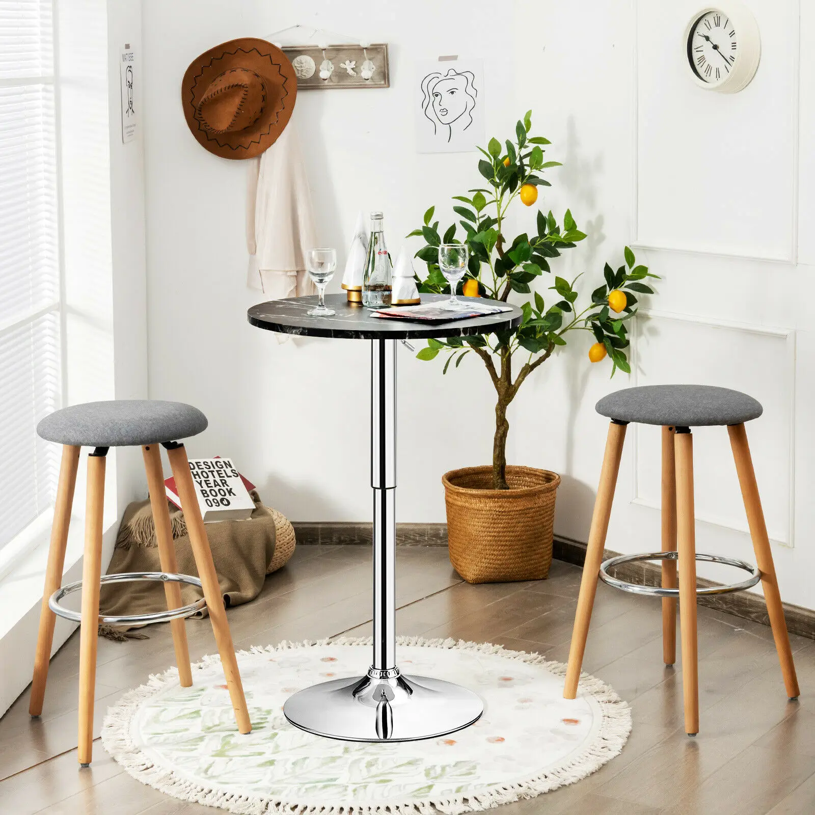 Costway Round Pub Table Swivel Adjustable Bar Table w/ Faux Marble Top Black