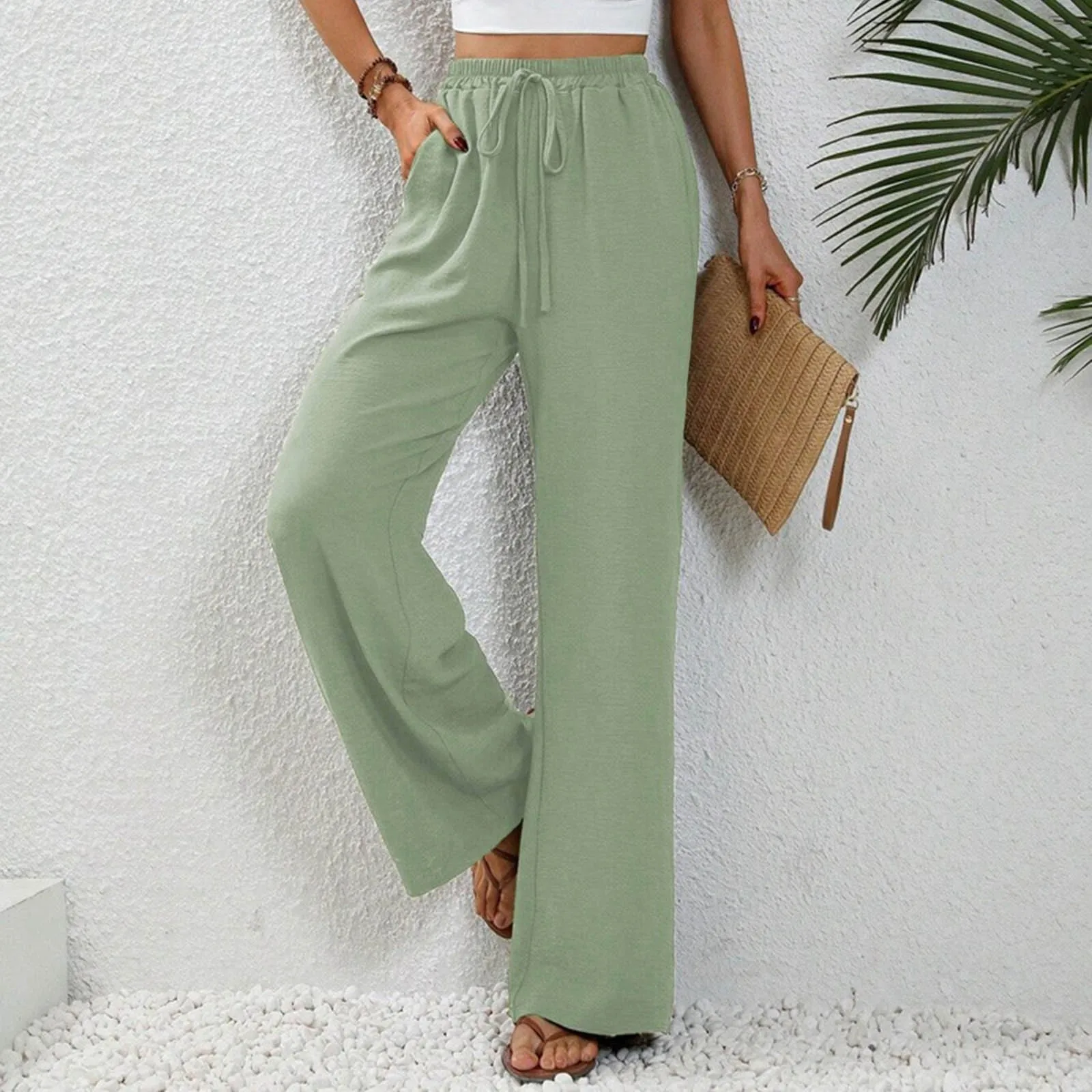 2024 New Women'S Solid Color Floor-Length Wide-Leg Pants High Waist Lace-Up Loose Comfortable Breathable Casual Pants