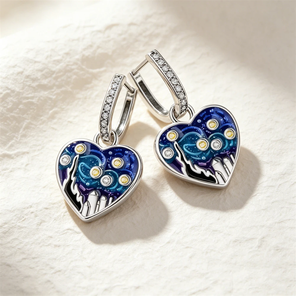 Classic Heart Series Blue Red Pink Green Zircon DIY Charm Earnail Earrings 925 Silver Women's Jewelry Valentine's Day Gift