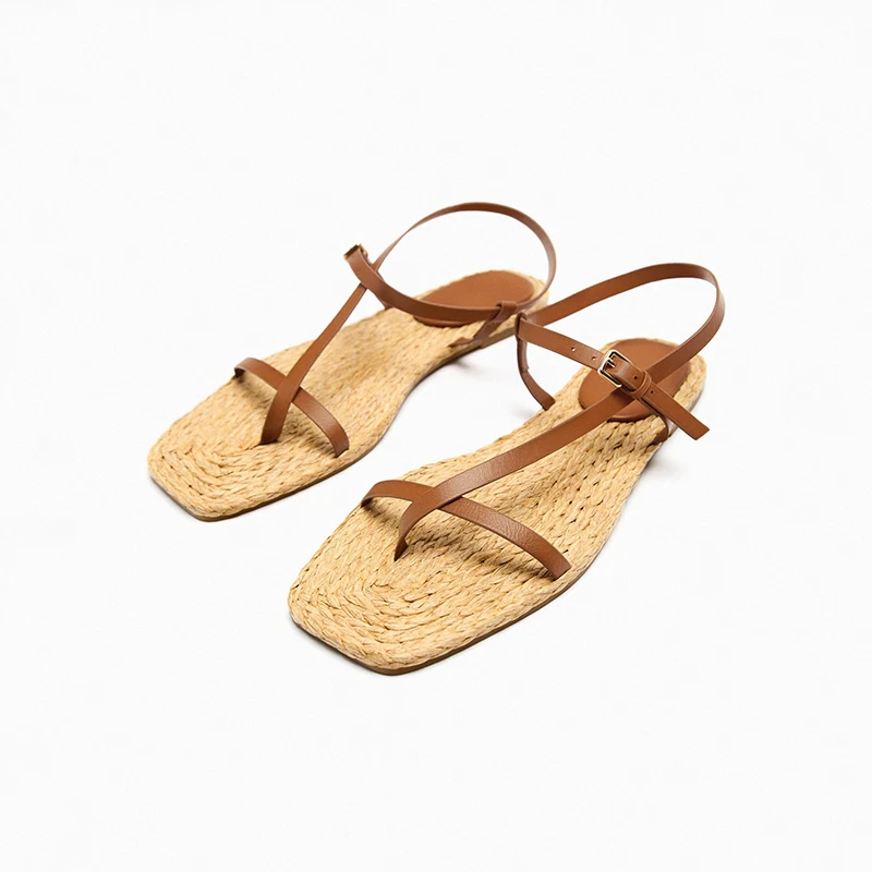 

New Summer Women's Sandals Ankle Strap Open Toe Roman Sandals Casual Flat Straw Hemp Fisherman Shoes Beach Slippers Flip Flops