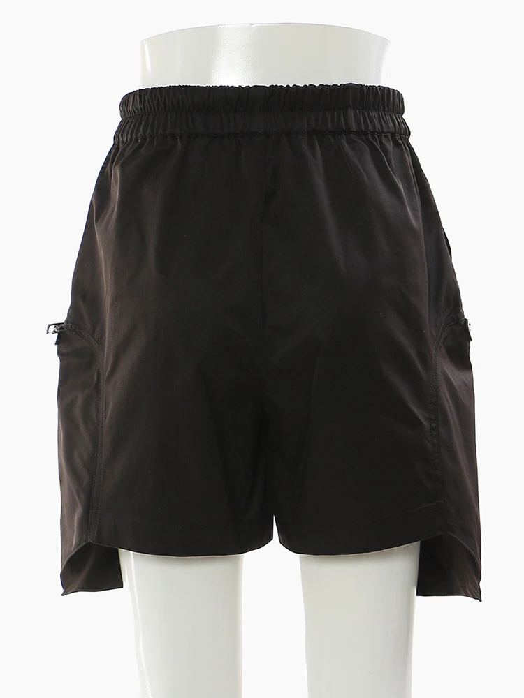 HUISONG 여성 블랙 불규칙한 지퍼 드로우 스트링 와이드 레그 반바지 새로운 하이 웨이스트 바지 패션 조수 봄 여름 2025