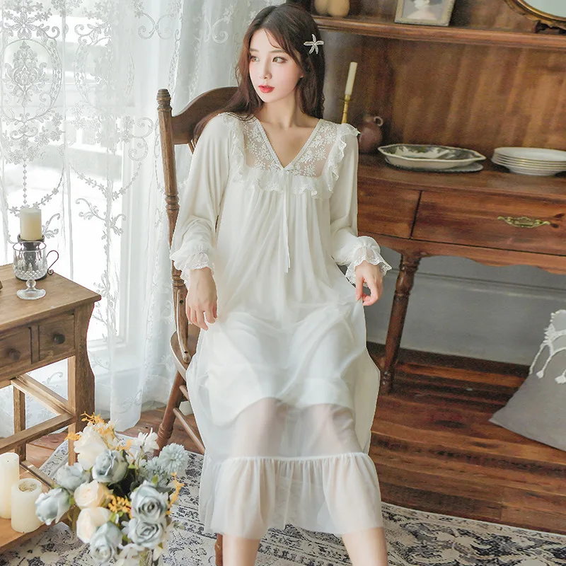 

Court Style Mesh Nightgown Lady Modal Lace Floral Princess Dress Gown Sexy V-Neck Sleepshirt Casual Home Clothing Long Nightwear