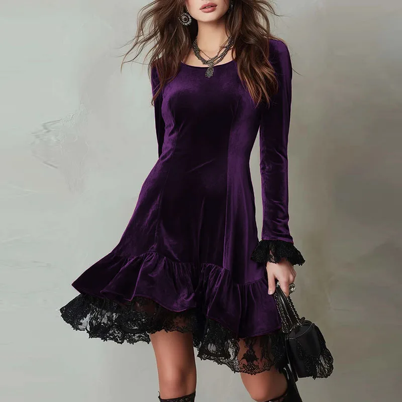 Senhoras elegante tripulação pescoço veludo mini vestido 2026 primavera casual retalhos rendas vestido plissado outono manga alargamento vestido de festa feminino