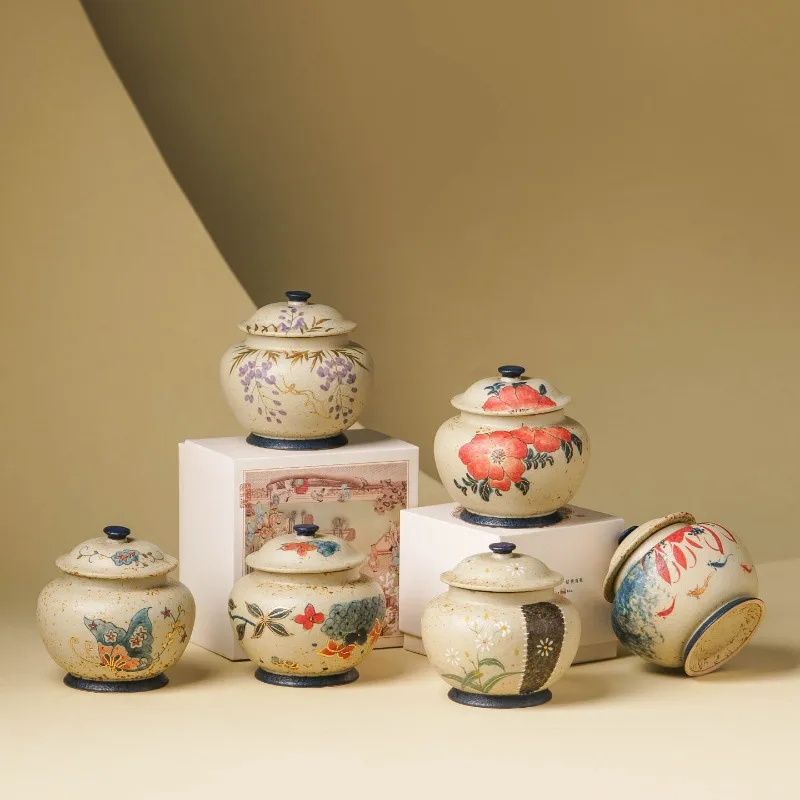 Vintage Painted Butterfly Scratch Ceramic Tea Jar Portable Mini Storage Box Home Food Moisture-proof Sealed Jar Home Decoration