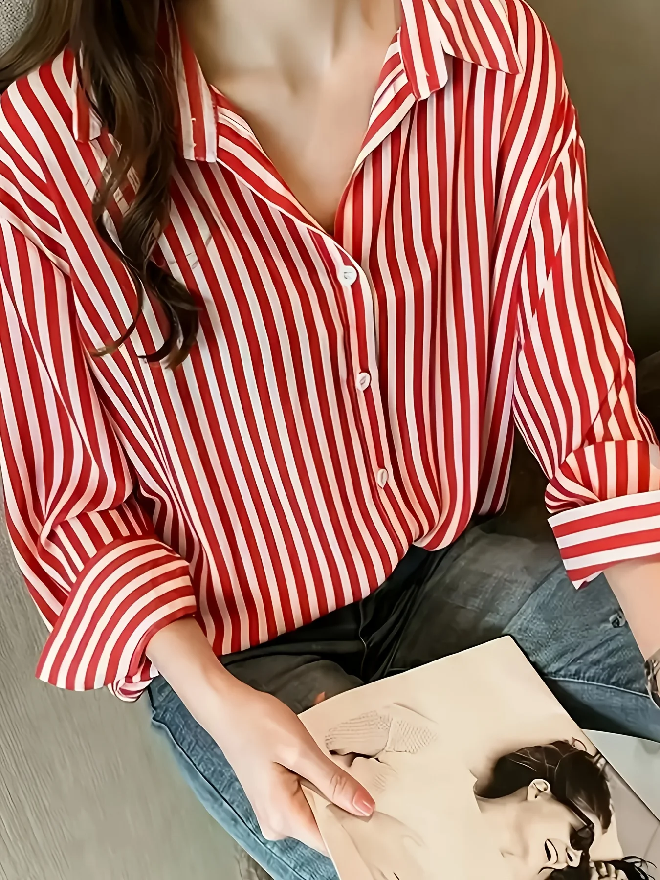 قميص مخطط للسيدات، تصميم مميز بأكمام طويلة، قميص أنيق للتنقل الاحترافي، تنحيف ومناسب الشكل، كاجوال #2