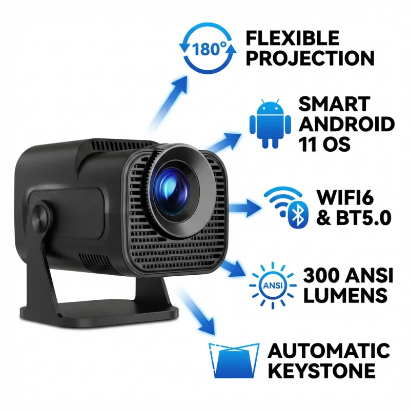 HY320 Mini Projector Android 11 Native 720P 4K Support 300 ANSI Wifi6 BT5.0 Portable Home Cinema 180° Rotatable Outdoor Beam