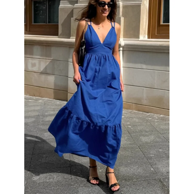 

2025 Spring/Summer New V-Neck Backless Spaghetti Strap Casual A-Line Women's Fashion Dress