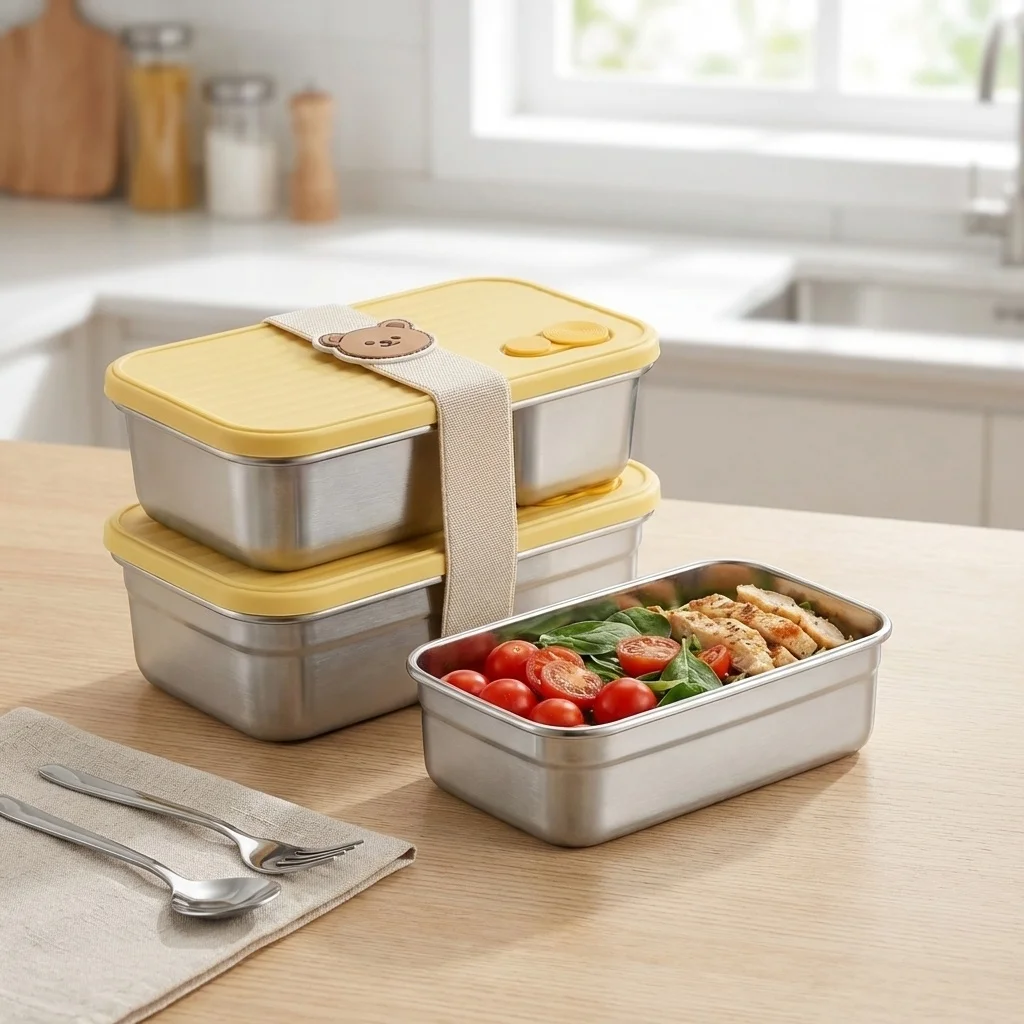 Contenedor portátil de comida para ensalada de frutas para niños y estudiantes, 2 unidades/juego, apilable, de acero inoxidable 304, lonchera tipo bento, apto para microondas.