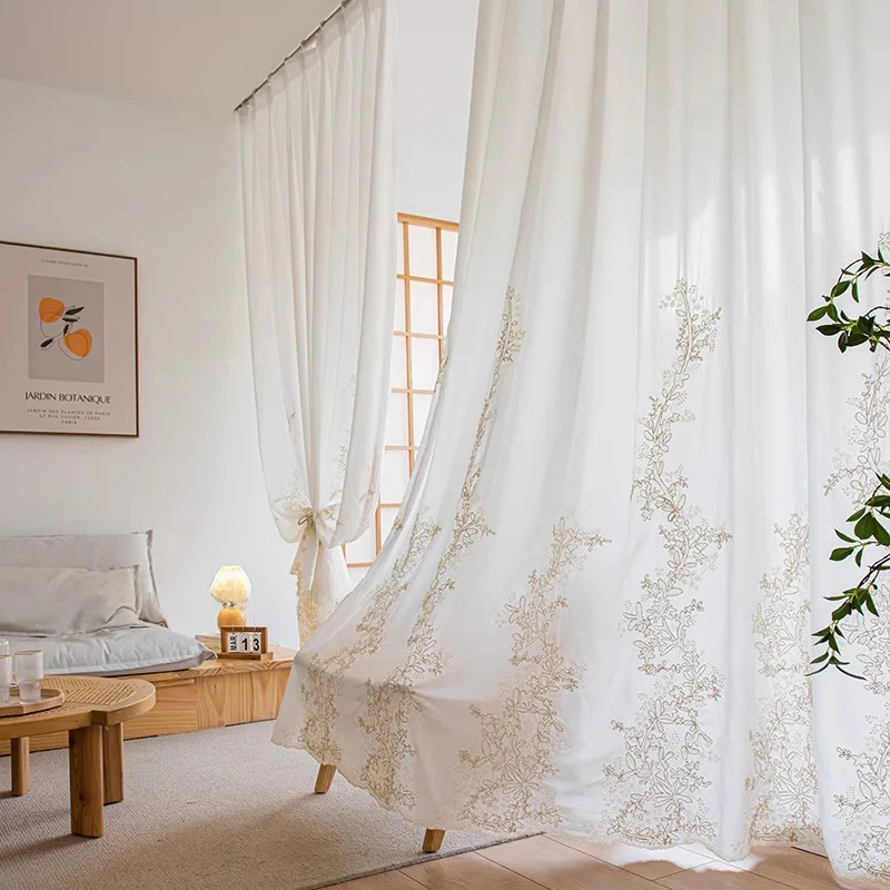 1PC French-style ornate luxury embroidered high-end elegant sheer curtain, modern minimalist design