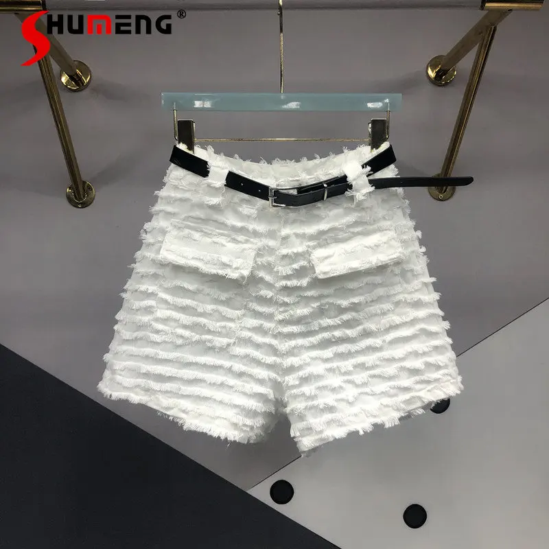 

Burrs Tassels Denim Shorts for Women 2023 Summer New Versatile High Waist Slimming Large Pocket A- line Wide Leg Hot Pants