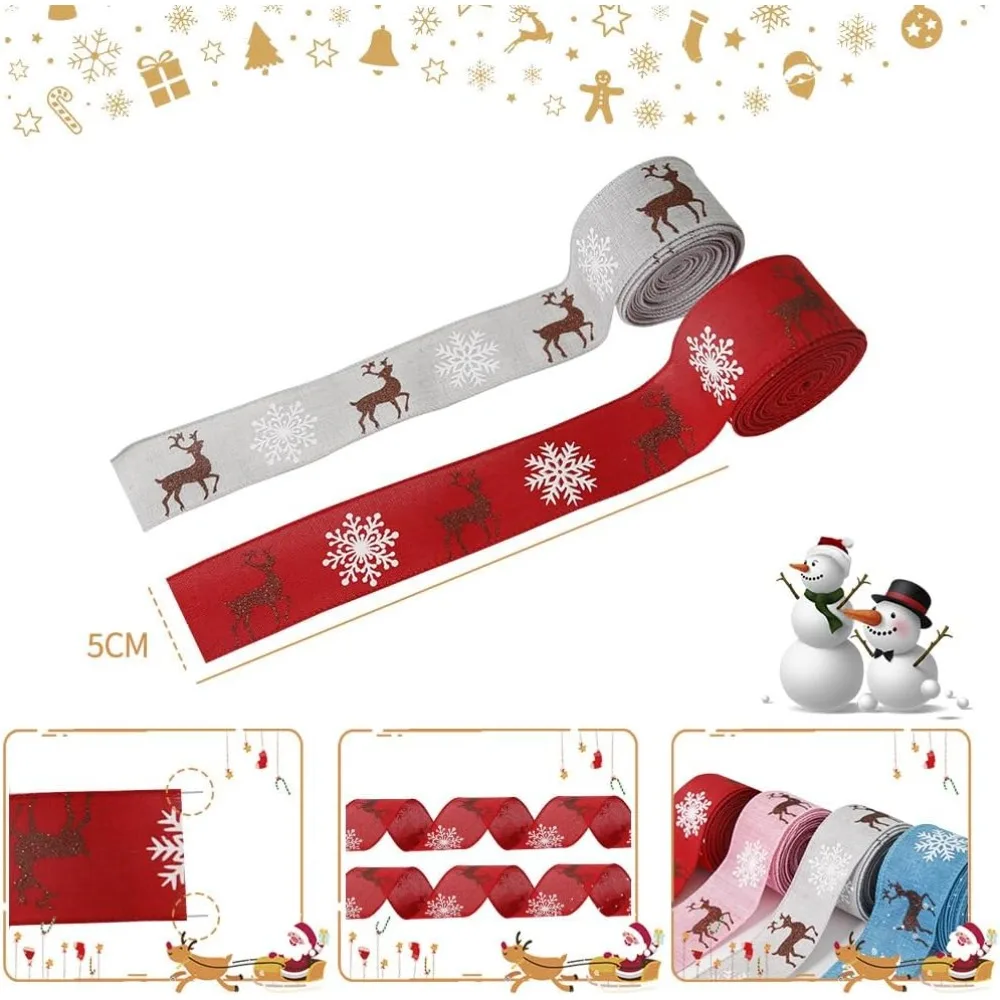 

10-Meter Deer and Snowflake Print Christmas Tree Ribbon in Red and Blue for Home Decor