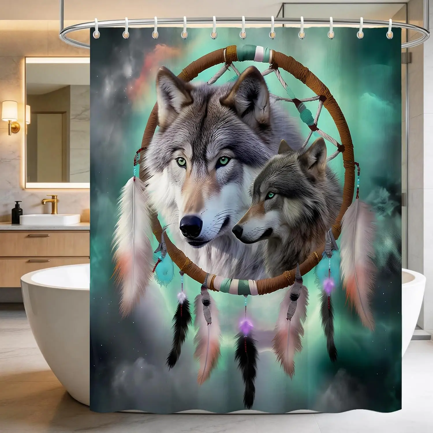 Mystic Wolf Dreamcatcher Shower Curtain, Twin Wolves Feather Dream Catcher Nebula Background Western Tribal Waterproof Partition