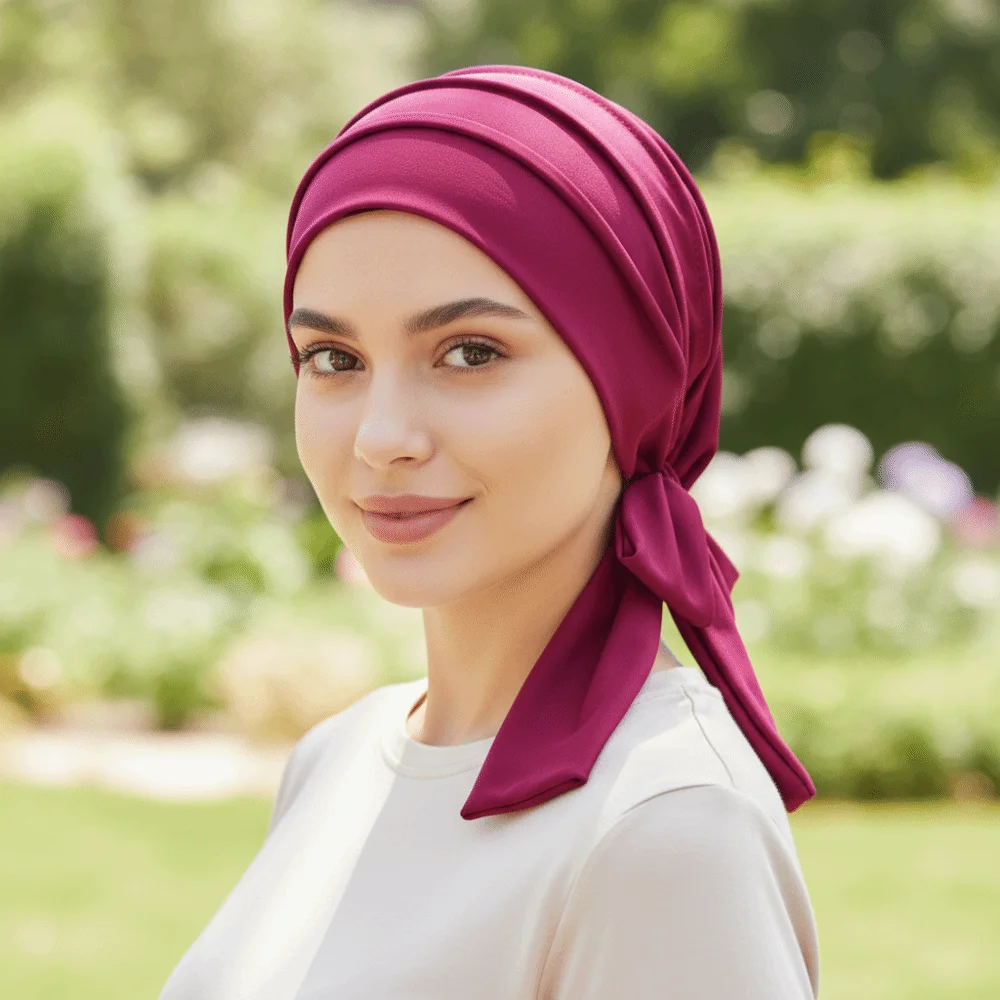 Comfortable Solid Color Headscarf Hat Breathable Long Tail Hijab Stretch Pre-Tied Chemo Hat Islamic Use