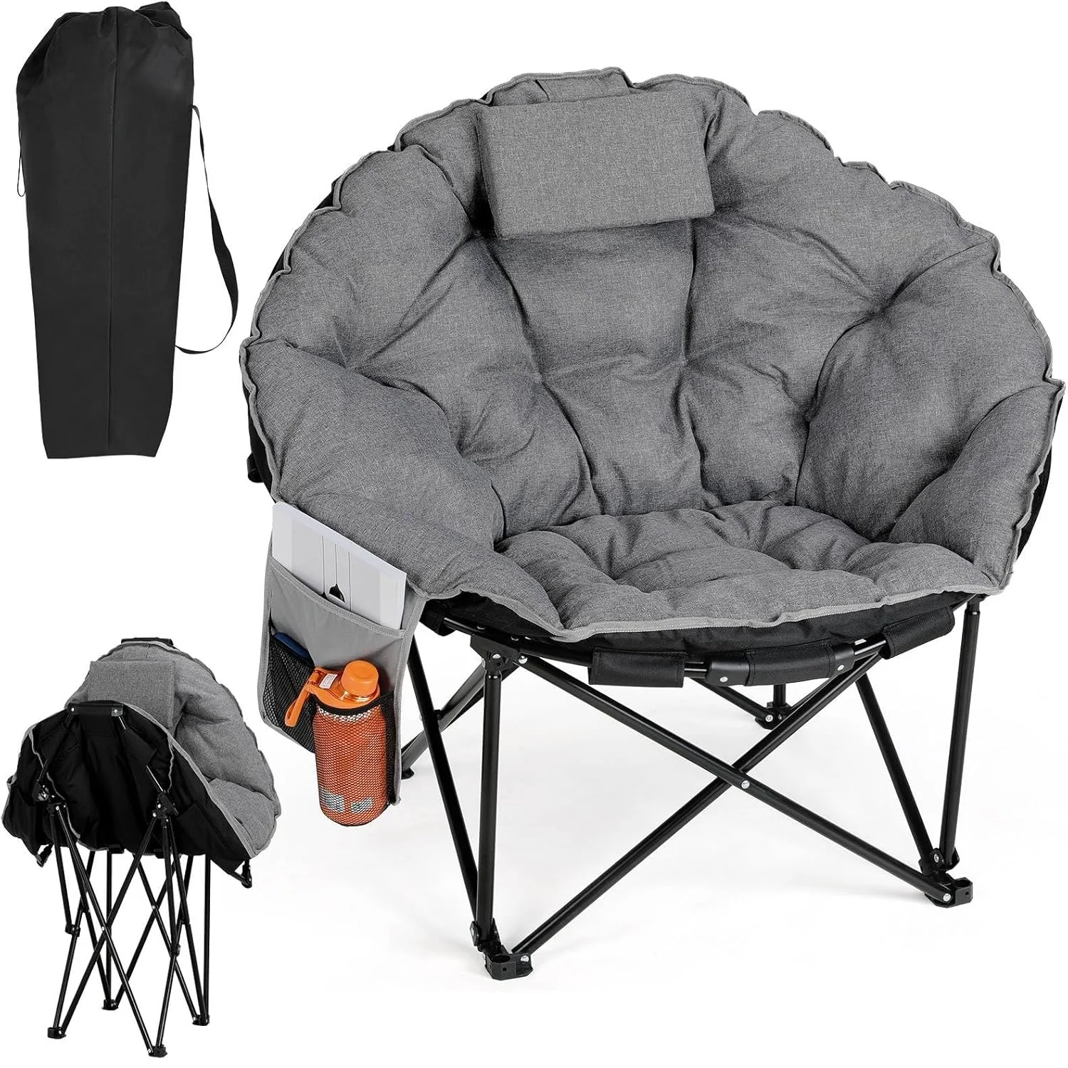 Übergroßer faltbarer Campingstuhl 95×95×93cm, klappbarer Mondstuhl mit gepolstertem Baumwollsitz, Kopfstütze, Getränkehalter, rutschfesten Füßen, Aufbewahrungstasche & Tragkraft 150KG, übergroß und