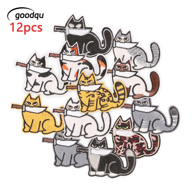 12pcs Lot Knife Cats Cute Animals For Clothes Patches Iron On Embroidered Pack Applique Diy Fabric Kids Sew Thermoadhesive