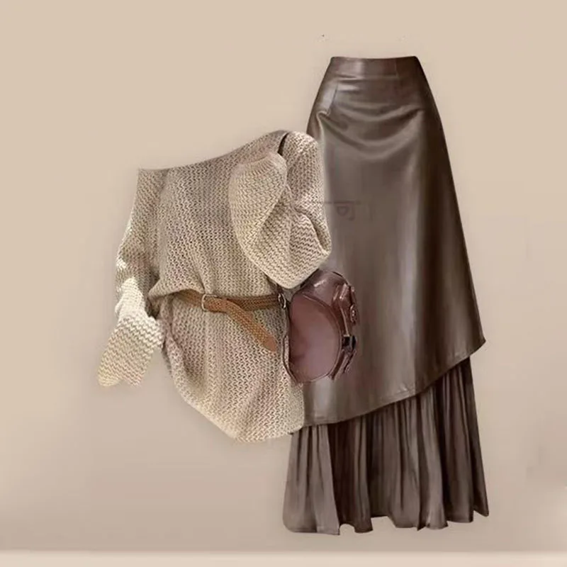 Top de malha retrô preguiçoso combinado com saia de couro de cintura alta conjunto de duas peças para outono e inverno 2025 baddie conjunto de 2 peças